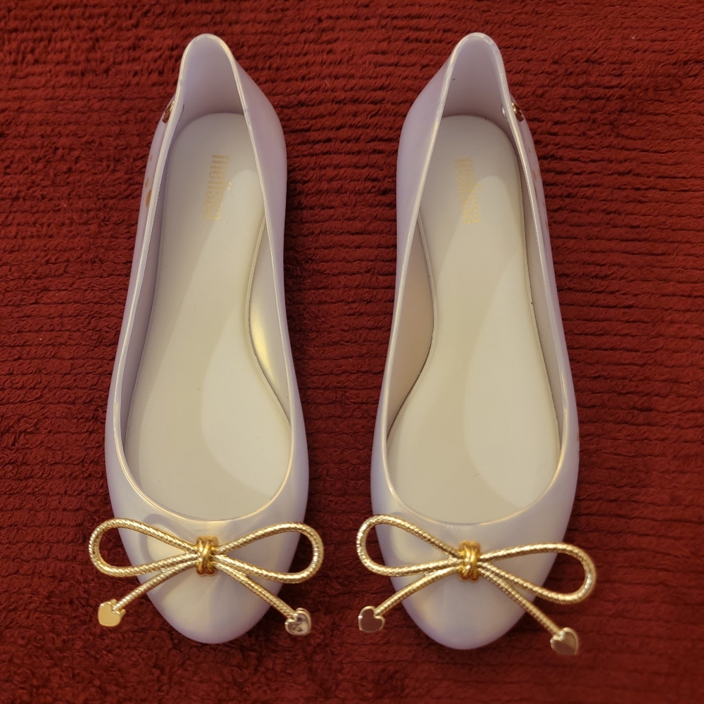 Melissa Pearl White Flats with Gold Bow
